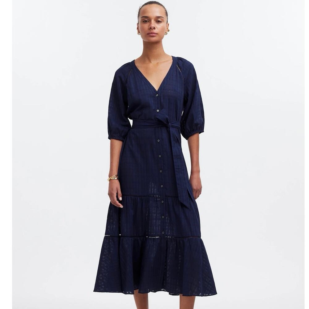 NWT Madewell Tie-Waist Tiered Midi Dress in Windowpane Navy Size 8